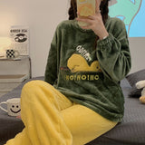 Wjczt Autumn Winter New Warm Flannel Women's Pajamas Set Long-sleeved Trousers Two-piece Set Cute Soft Home Wear Clothes for Women