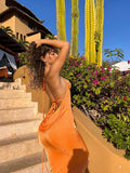 Wjczt Backless Maxi Dress Sexy Orange Spaghetti Strap Slim Dress For Women Long Club Party Beach Dress Summer Blue Outfits New