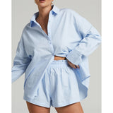 Wjczt Women Homewear Shirt With Mini Shorts Cotton Two Pieces Sets Fashion Clothing Outfits Woman Blouses Fashion Tracksuits