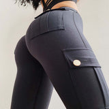 Wjczt Fitness Women Leggings Withe Pocket Solid High Waist Push Up Polyester Workout Leggings Cargo Pants Casual Hip Pop Pants