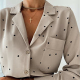 Wjczt Pockets Polka Dot Printed Casual Women Blouse Ladies Long Sleeve Turn Down Collar Office Work Fashion Autumn Tops