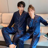 Wjczt Solid Color Sleepwear Silk Satin Pajamas Couple Set Long Button-Down Pyjamas Suit Pijama Women Men Loungewear Plus Size Pj Set