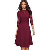 Wjczt  Autumn Solid Color with Hollow Out Lace Patchwork Retro Dresses Business Party Flare Swing Women Dress A234
