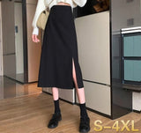 Wjczt Skirts Women Black High-waist Side-split Midi Skirt Ladies Stretchy Body-con A-line Vintage Elegant All-match Simple Fashion New