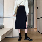 Wjczt Skirts Women Black High-waist Side-split Midi Skirt Ladies Stretchy Body-con A-line Vintage Elegant All-match Simple Fashion New