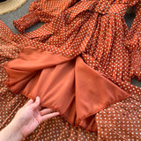 Wjczt Spring And Summer French Vintage Maxi Dress 2021 Sundress Ladies Long Sleeve Orange Polka Dot Chiffon Pleated Dresses Femme Robe