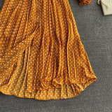 Wjczt Spring And Summer French Vintage Maxi Dress 2021 Sundress Ladies Long Sleeve Orange Polka Dot Chiffon Pleated Dresses Femme Robe