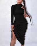 Wjczt Sexy One Shoulder Drawstring Ruched Bodycon Dress Women Solid Long Sleeve Mid-calf Night Club Party Dress