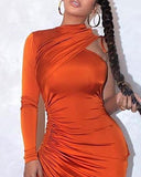 Wjczt Sexy One Shoulder Drawstring Ruched Bodycon Dress Women Solid Long Sleeve Mid-calf Night Club Party Dress