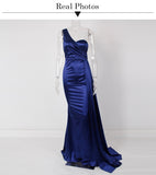 Wjczt One Shoulder Padded Sexy Satin Maxi Dress Women&#39;s Evening Party Dress Gown with Ribbon Royal Blue Green Draped Long Dress