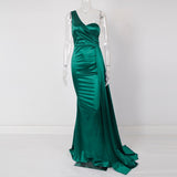 Wjczt One Shoulder Padded Sexy Satin Maxi Dress Women&#39;s Evening Party Dress Gown with Ribbon Royal Blue Green Draped Long Dress
