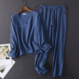 Wjczt Women&#39;s Cotton Water-washed pajamas for women Pyjamas Sleepwear Pijamas Texture Crepe Gauze Long-sleeved Trousers Pajamas V-Neck