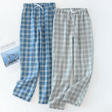 Wjczt Men's Cotton Gauze Trousers Plaid Knitted Sleep Pants Woman Pajamas Pants Bottoms Sleepwear Short for Couples Pijama Hombre