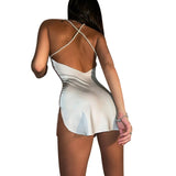 Wjczt ilk Strap Mini Dresses Backless Solid Color Criss Front Pearl Sexy Summer Sexy Party Sleeveless Dresses Clubwear 2021