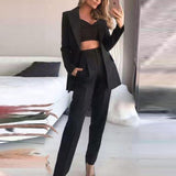 Wjczt Woman Vintage Black Slim Fit Blazer 3 Pcs Suit Autumn Elegant Female Solid Matching Sets V-Neck Casual Office Three Piece Set