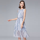 Wjczt 2022 new women&#39;s middle school long sleeveless fungus edge waist drawstring stripe elegant Fairy Dress