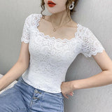 Wjczt Blouse Women Lace Top Women&#39;s Short-Sleeved Summer Square Collar Sexy Cutout Shirts Blusas Ropa De Mujer