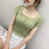 Wjczt Blouse Women Lace Top Women&#39;s Short-Sleeved Summer Square Collar Sexy Cutout Shirts Blusas Ropa De Mujer