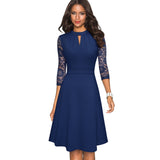Wjczt  Autumn Solid Color with Hollow Out Lace Patchwork Retro Dresses Business Party Flare Swing Women Dress A234