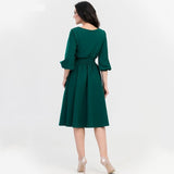 Wjczt 2021 Autumn Vintage Soild Lantern Sleeve A-Line Dress Women Elegant O-Neck Half Sleeve Pocket Sashes Knee-Length Casual Dress