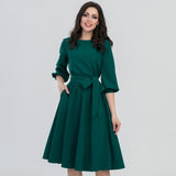 Wjczt 2021 Autumn Vintage Soild Lantern Sleeve A-Line Dress Women Elegant O-Neck Half Sleeve Pocket Sashes Knee-Length Casual Dress