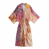 Wjczt Women Vintage Printed Waist Elastic Front Slit Midi Dress Female Beading V Neck Draped Ruched Robe Ladies Kimono Dresses