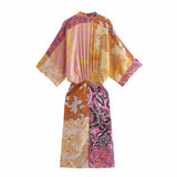 Wjczt Women Vintage Printed Waist Elastic Front Slit Midi Dress Female Beading V Neck Draped Ruched Robe Ladies Kimono Dresses
