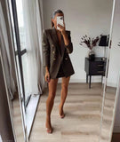 Wjczt Women Two-piece Set Vintage green Office Lady Double Breasted Blazer coat Female Casual Slim High Waist Skirt Suit