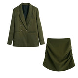 Wjczt Women Two-piece Set Vintage green Office Lady Double Breasted Blazer coat Female Casual Slim High Waist Skirt Suit