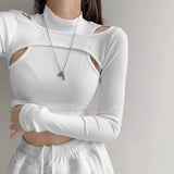 Wjczt Hollow Knitted Crop Tops Women New Fitness Fake Two-piece T-shirt Female Black White Long Sleeve Tops