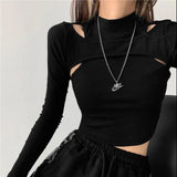 Wjczt Hollow Knitted Crop Tops Women New Fitness Fake Two-piece T-shirt Female Black White Long Sleeve Tops