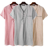 Wjczt Leisure Striped Homewear Men Cotton Sleepwear Summer Short Sleeve V Neck Nightgown Breathable Comfy Nightwear Plus Size