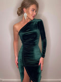 Wjczt Solid Long Sleeve One Shoulder Ruched Slit Velvet Midi Dress Bodycon Sexy Party Club Elegant Evening Christmas 2021 Fall