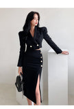 Wjczt Formal suit two-piece female dress autumn and winter office suit short coat + slit skirt sexy dress two-piece black dress