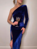 Wjczt Solid Long Sleeve One Shoulder Ruched Slit Velvet Midi Dress Bodycon Sexy Party Club Elegant Evening Christmas 2021 Fall