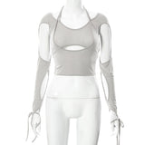 Wjczt White Punk Women&#39;s Camis Cyber Y2k Long Sleeve Cropped T-shirts Bodycon Ruched Sexy Cut Out Chain Halter Tops