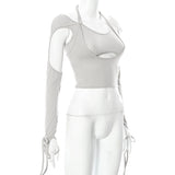 Wjczt White Punk Womens Camis Cyber Y2k Long Sleeve Cropped T-shirts Bodycon Ruched Sexy Cut Out Chain Halter Tops