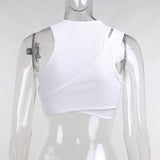 Wjczt White Punk Womens Camis Cyber Y2k Long Sleeve Cropped T-shirts Bodycon Ruched Sexy Cut Out Chain Halter Tops