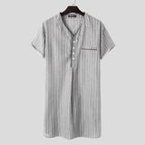 Wjczt Leisure Striped Homewear Men Cotton Sleepwear Summer Short Sleeve V Neck Nightgown Breathable Comfy Nightwear Plus Size