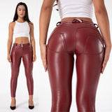Wjczt Melody Exclusive Straight Trousers Patent Leather Leggings Red Pants Streetwear Women&#39;s Leather Pants Autumn Casual Pants Skinny