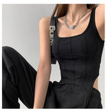 Wjczt  Fishbone Thread Safari Style Vest Irregular Hook Bottomed Shirt For Women Square Neck Sexy Sleeveless Sort Tops VO4X