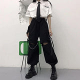 Wjczt Gothic Streetwear Women's Cargo Pants with Chain Punk Techwear Black Oversize Korean Fashion Wide Leg Trousers 2021 Alt