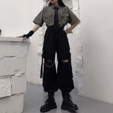 Wjczt Gothic Streetwear Women&#39;s Cargo Pants with Chain Punk Techwear Black Oversize Korean Fashion Wide Leg Trousers 2021 Alt