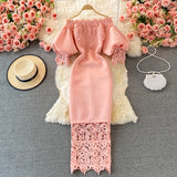 Wjczt Sexy Hollow Out Lace Bodycon Long Dress Women Elegant Red/Pink/White Off Shoulder Patchwork Maxi Party Vestidos 2021 Autumn New