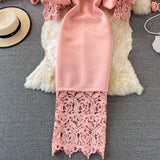 Wjczt Sexy Hollow Out Lace Bodycon Long Dress Women Elegant Red/Pink/White Off Shoulder Patchwork Maxi Party Vestidos 2021 Autumn New