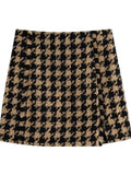 Wjczt Vintage Elegant Houndstooth Plaid Skirts Suits Women Fashion Cropped Texture Blazers Mini Skirts Ladies Outwear