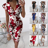Wjczt Dress with Floral Pattern Elegante 2022 Women&#39;s Summer Dress Trendy Clothes V-neck Butterfly Sleeve Party Midi Dress Robe Femme