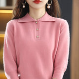 Wjczt Spring And Autumn New Ladies Lapel Korean Knitted Pullover Sweater Solid Color 100% Wool Loose Fashion Chic Bottoming Shirt