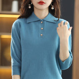 Wjczt Spring And Autumn New Ladies Lapel Korean Knitted Pullover Sweater Solid Color 100% Wool Loose Fashion Chic Bottoming Shirt