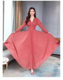 Wjczt 2021 Vintage Elegant Solid Women&#39;s Party Chiffon High Quality V-Neck Slim Female Long Sleeve Autumn Vestidos Long Dresses Robe